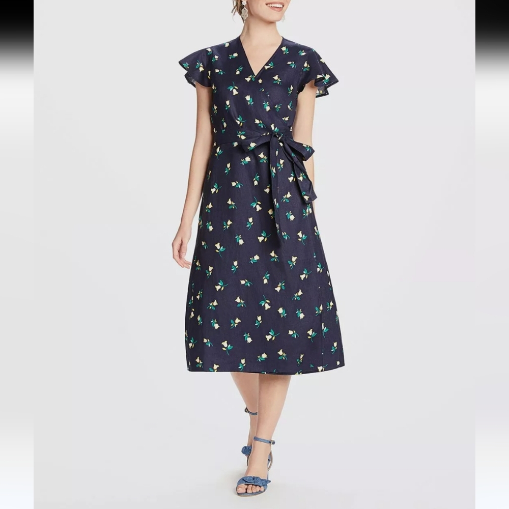 Draper James Linen Floral Midi Wrap Dress Women's 2 Blue Retro Cottagecore